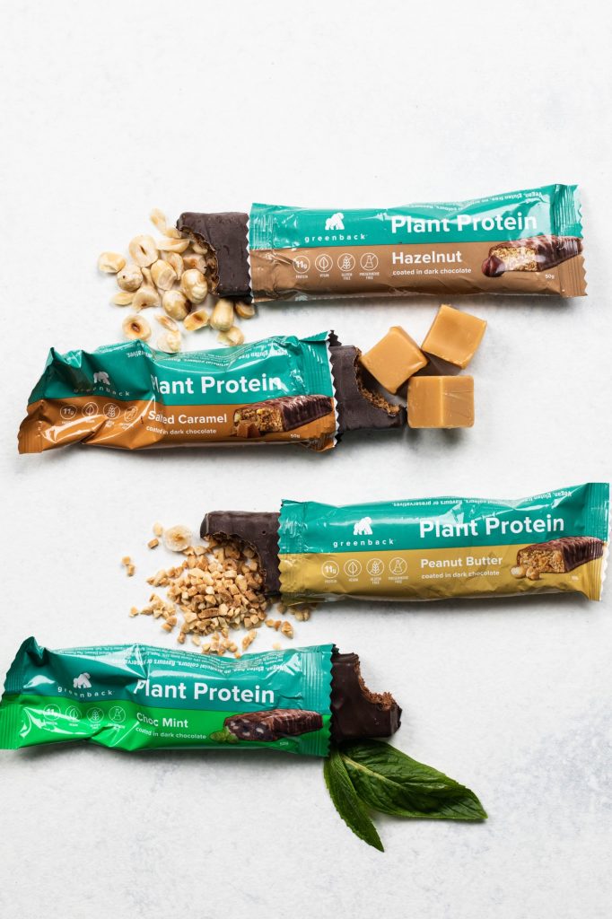 Greenback’s signature range: dark chocolate covered Plant Protein bars in four flavours.